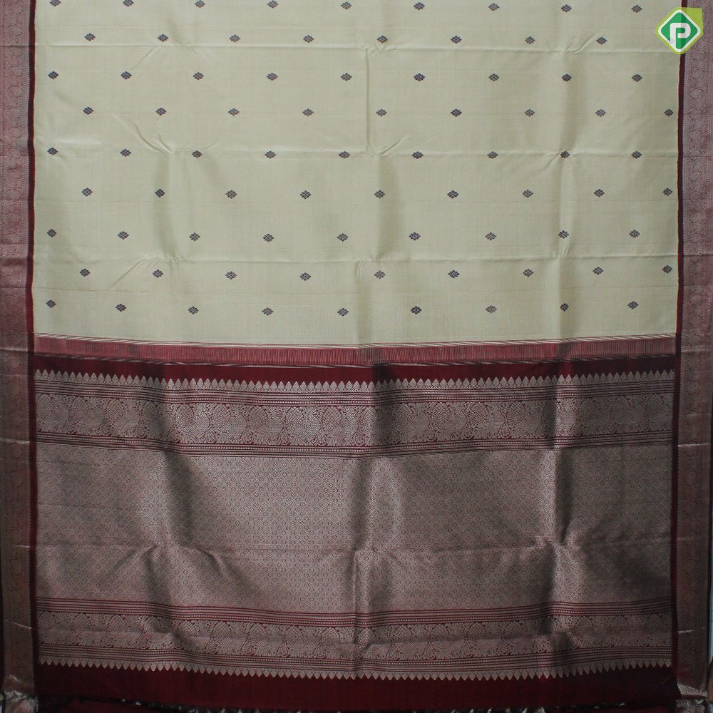 Cream Color Flower Motif With Red Color Peacock Design Border Thread Work Silk Saree