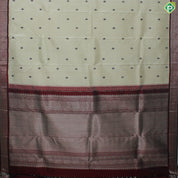 Cream Color Flower Motif With Red Color Peacock Design Border Thread Work Silk Saree