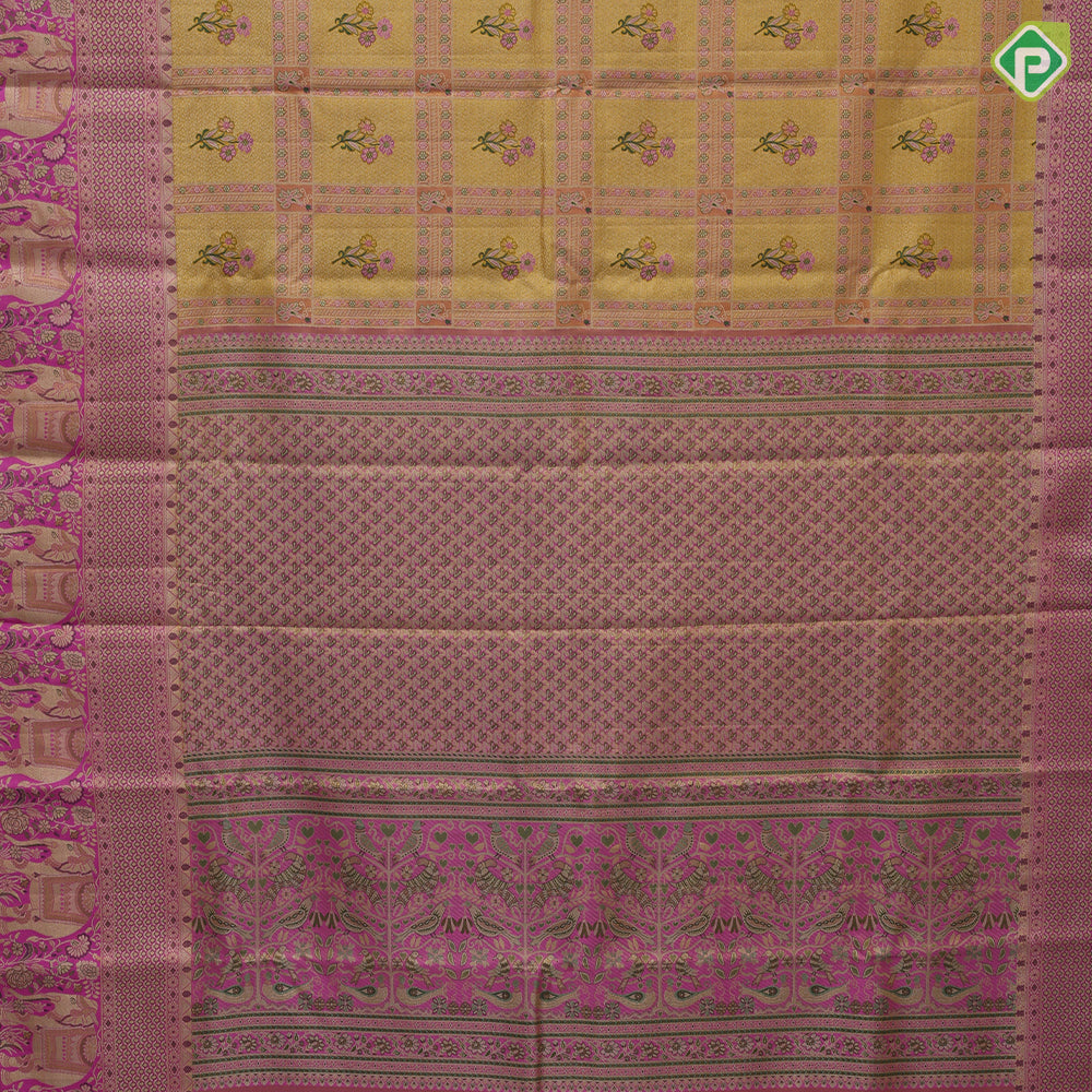 golden yellow with light pink flower bunch in frame design pink gold zari elephant and floral butta border tissue silk saree