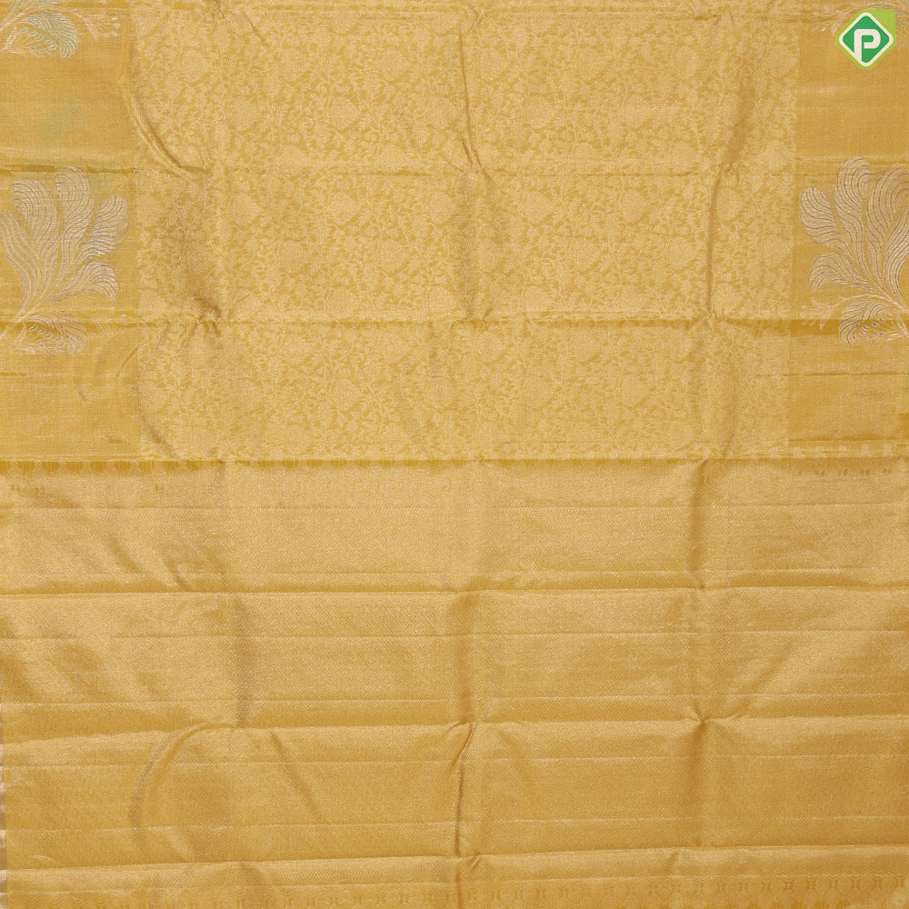 Mango yellow silver zari grand floral design self fancy leaf meena work border trendy tissue silk saree