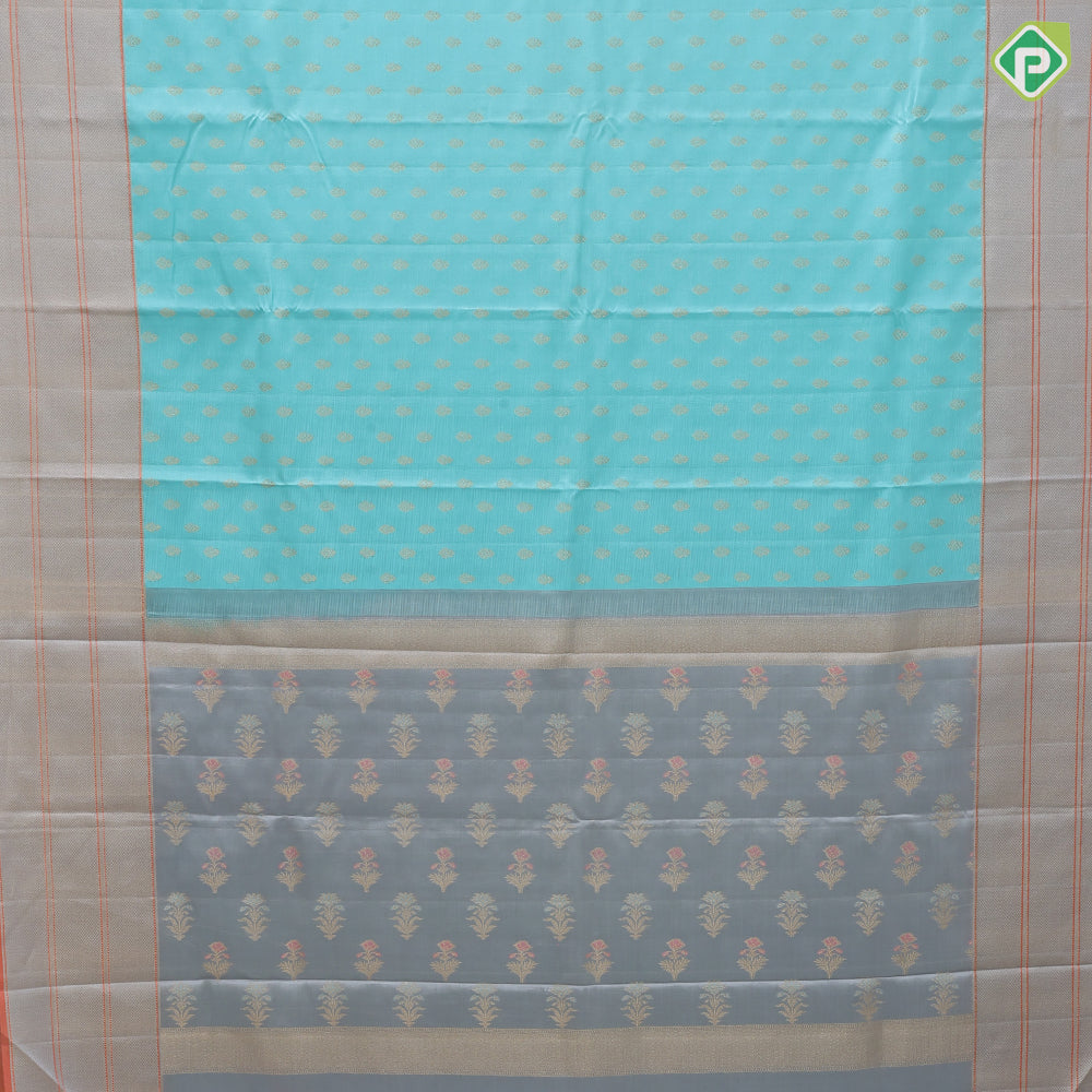 Sea Blue Gold Zari Small Motif Design Peach Orange Mayilkan Border Design Trendy Silk Saree