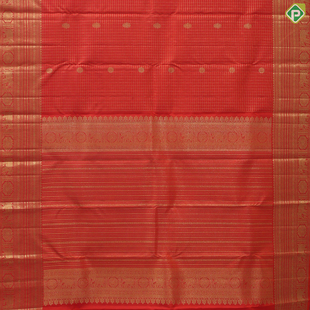 Fanta orange gold zari checked rudraksham kandapiranda butta self multi lines border vintage traditional silk saree