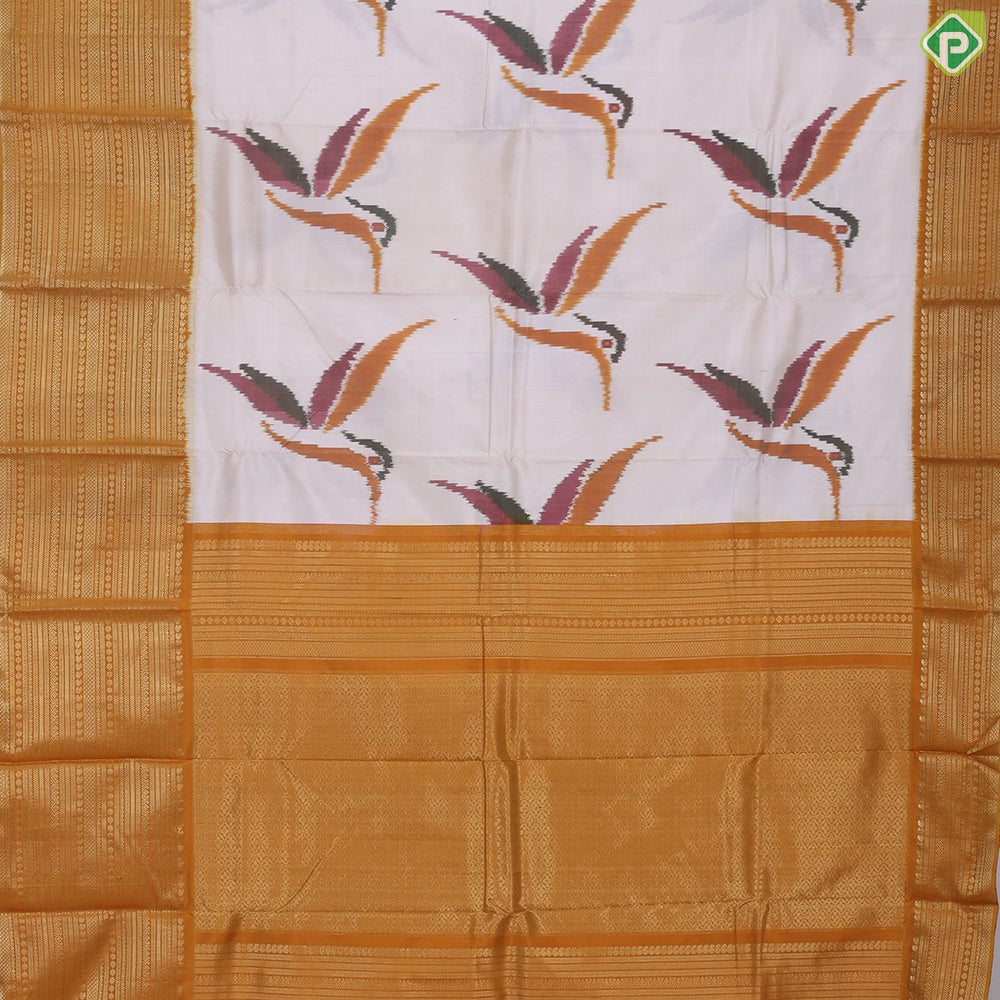 Cream white multicolor flying twitter ikkat design Mustard yellow gold zari multi lines border ikkat silk saree
