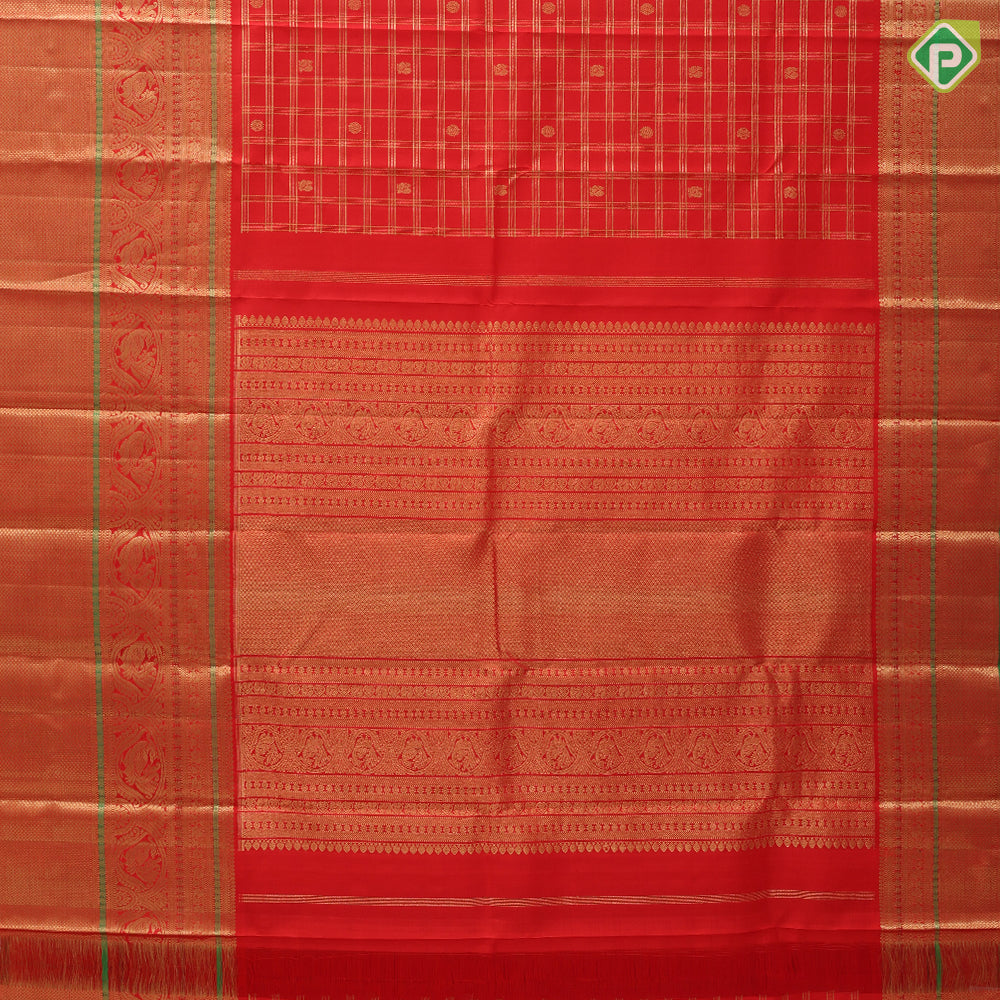 Chilly Red Gold Zari Checked Peacock Chagaram Design Self Peacock Mayilkan Border Design Traditional Silk Saree