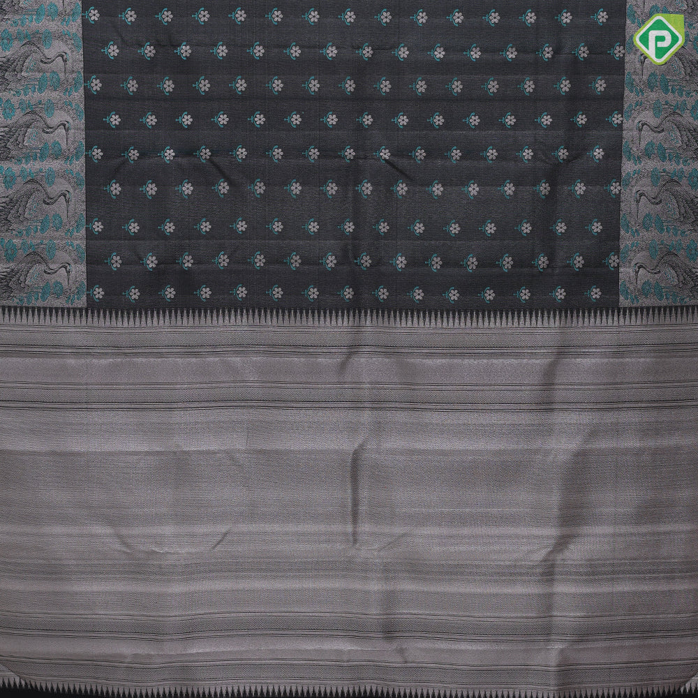 Luxury black base silver zari rama blue fancy flower butta silver grey rama blue flower and peacock design border signature tissue silk saree
