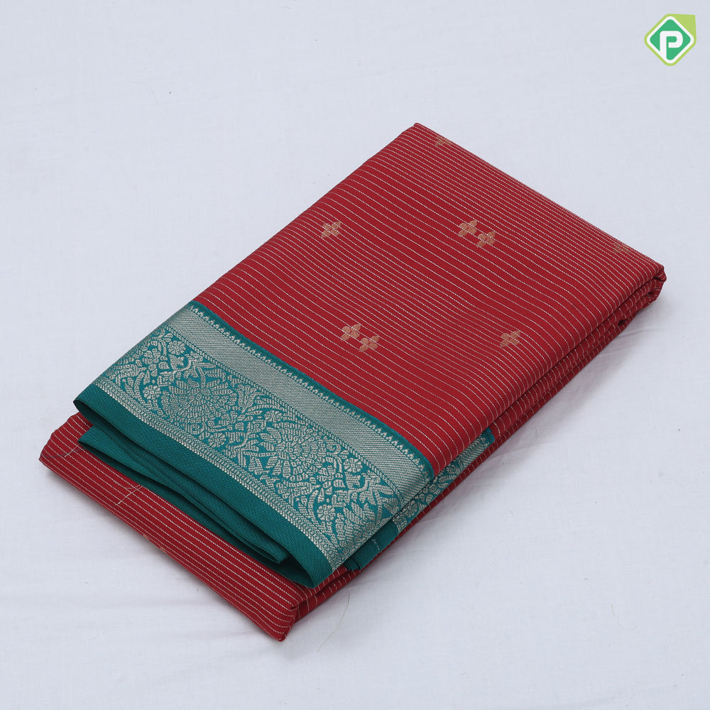 Tomato red gold zari lines and star butta design sky blue neem zari rangoli border art silk saree