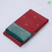 Tomato red gold zari lines and star butta design sky blue neem zari rangoli border art silk saree