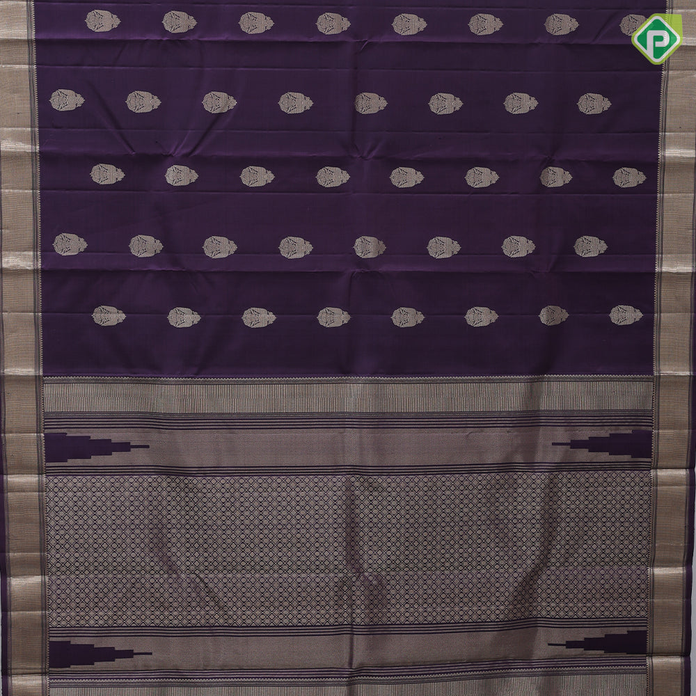 Grape purple silver gold zari kandapiranda butta self silver gold zari bavanji border traditional silk saree