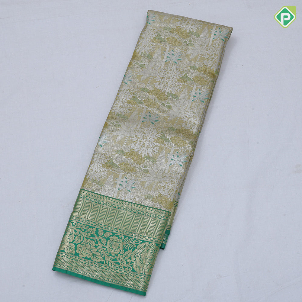 Orangish pink silver zari painting design rexona green gold zari flower butta border tissue art silk saree
