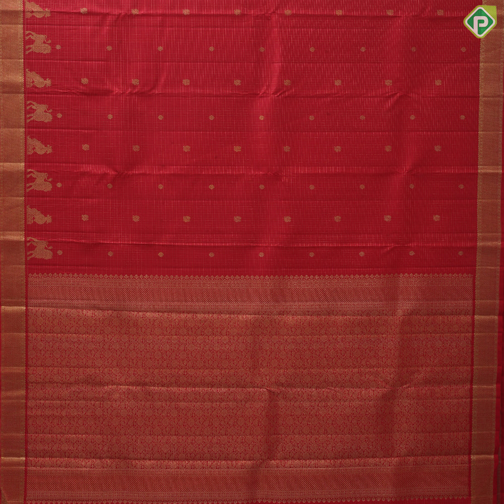 tomato red gold zari vairaoosi kattam annam chakram butta self gold zari mayilkan edge border Koorai silk saree
