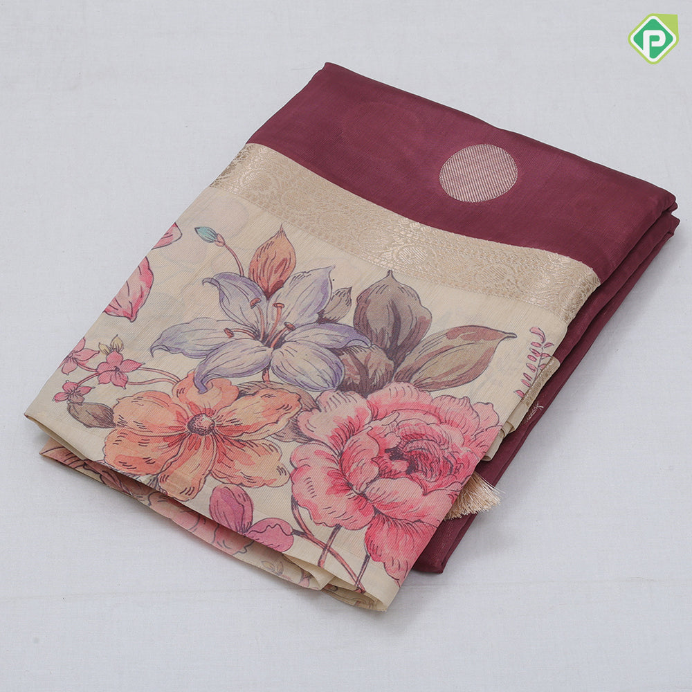 Peach Based Colour Small Coin Design Contrast Peacock Flower Border Fancy Cotton Saree