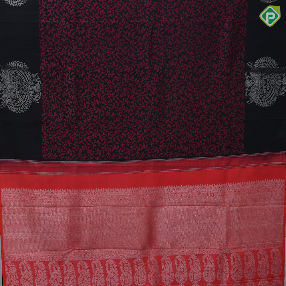 Black colour Dark Pink Thread Floral Design Self Colour Peacock Border Design Luxury Black Silk Saree