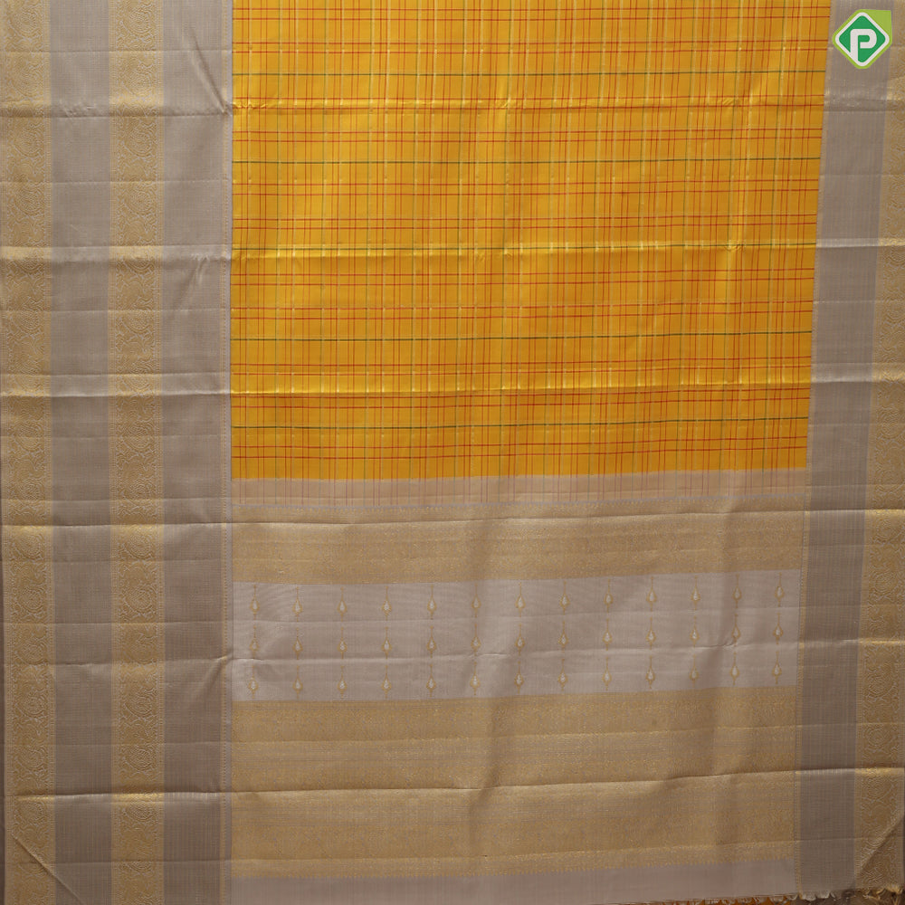 Mustard Yellow Gold Zari Check Design Cream Colour Peacock Border Design Traditional Silk Saree