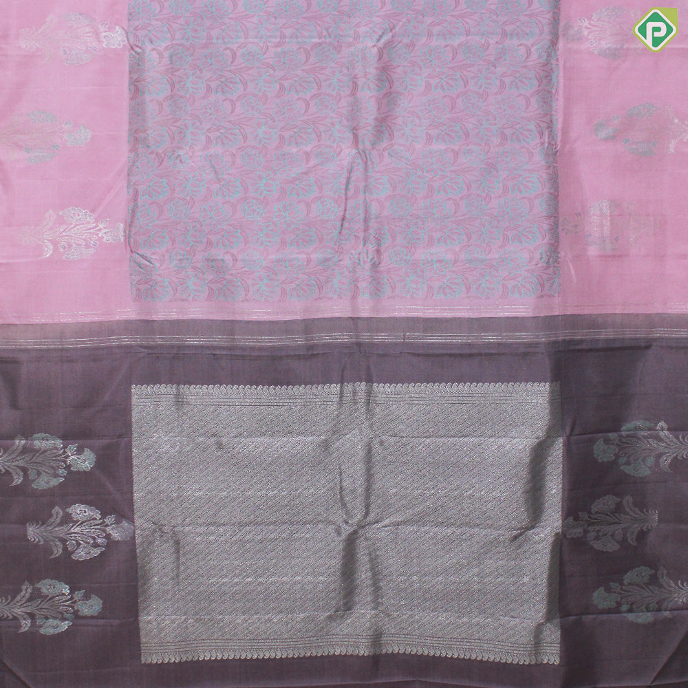 Baby Pink Thread Work With Self Color Silver Zari Flower Border Fancy Trendy Silk Saree