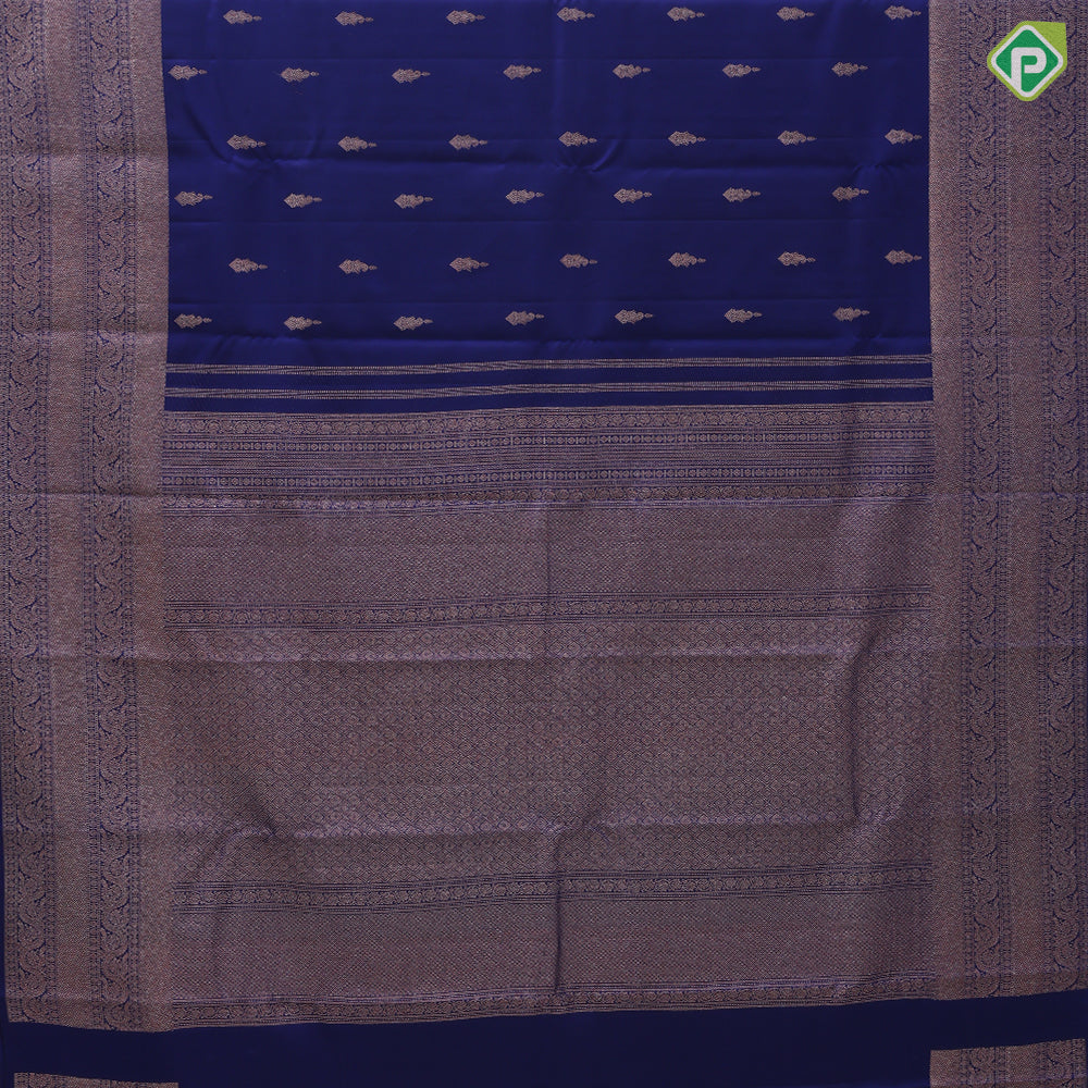 Indigo blue copper zari diamond mango butta self copper zari rangoli border traditional silk saree