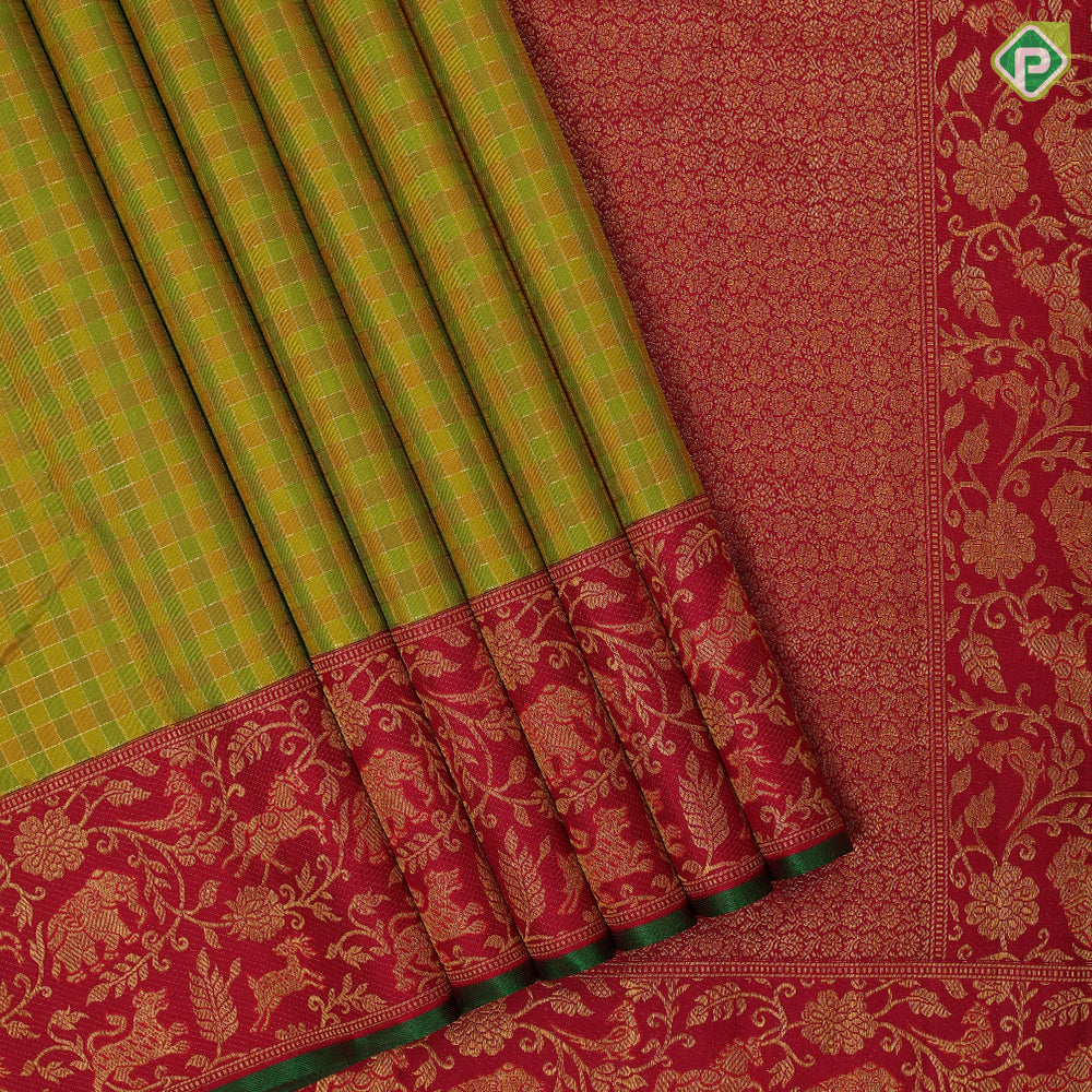 green and yellow combo gold zari kattam design tomato red gold zari vanasingaram design green edge border traditional silk saree