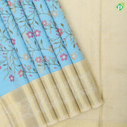 Sky blue multi color floral creeper embroidered design sandal gold zari Rangoli mid retta pattai border embroidery silk saree