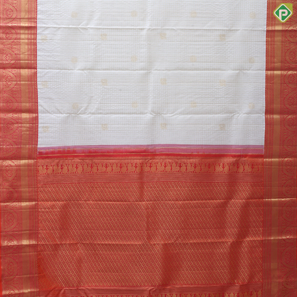 White gold zari checked window panel peacock chakkaram design pinkish orange gold zari border traditional silk saree