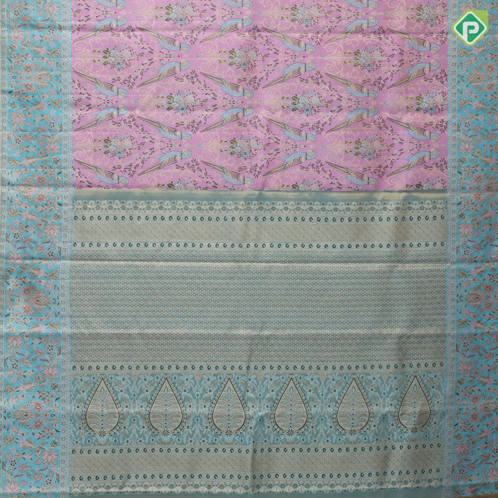 Lavender gold zari double parrot and flower design sea green floral design border meena work tissue silk saree
