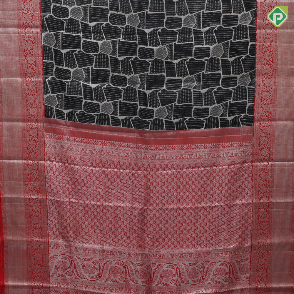 Black colour Silver Zari Checks Design Chilly Red Floral Mayilkan Border Design Luxury Black silk Saree