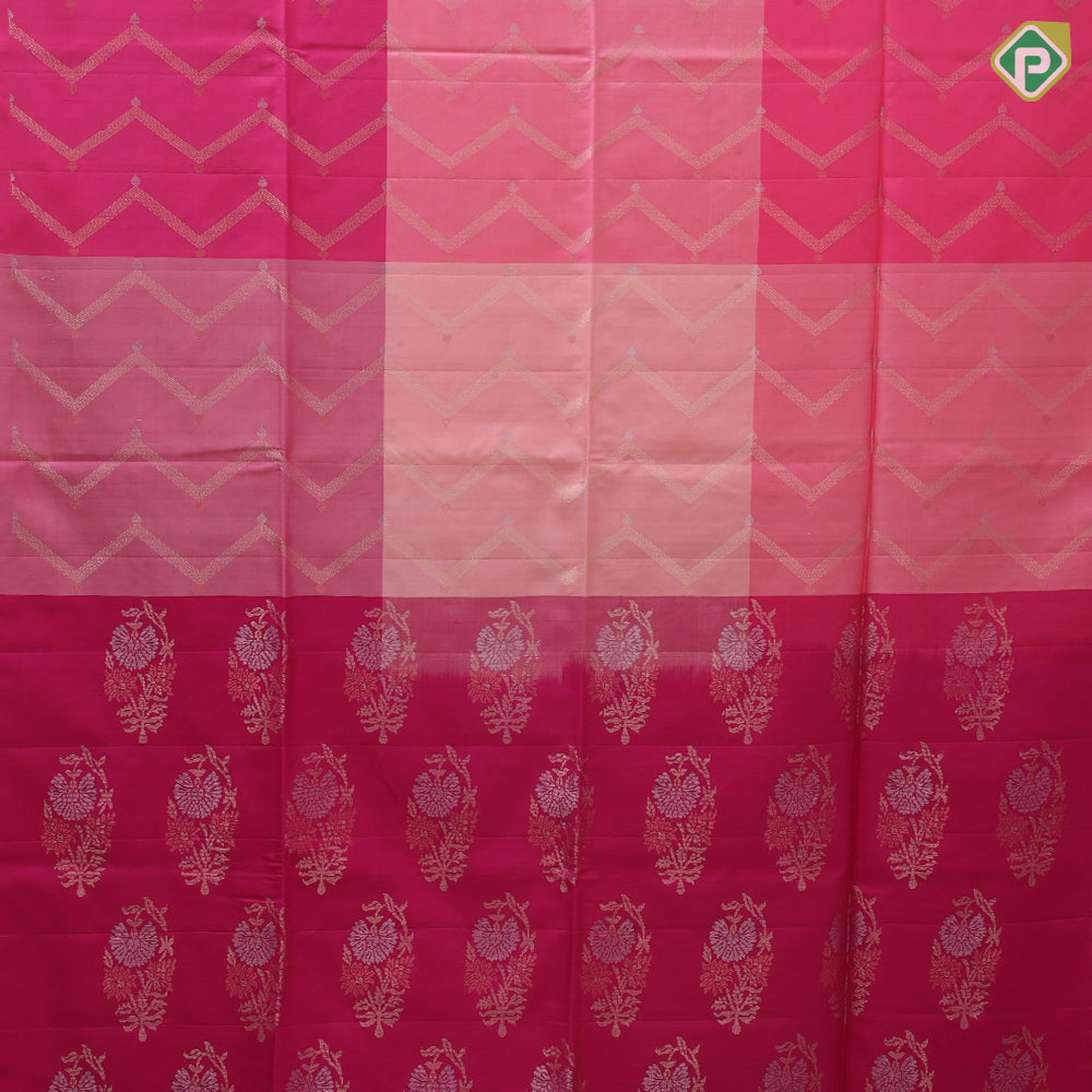 Multi yellow color gold zari zig zag design grand pallu concept borderless soft silk saree