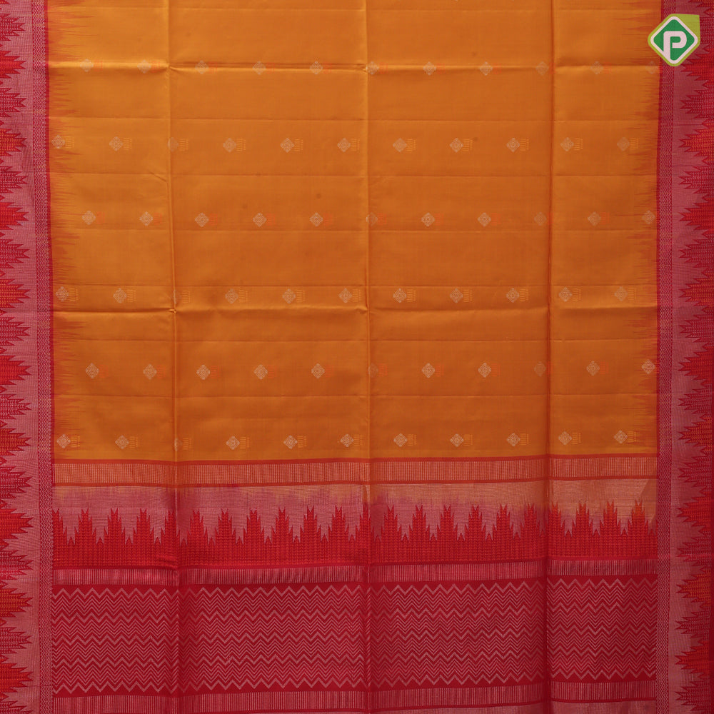 Tomato red silver zari silk thread fancy butta mustard yellow silver zari temple border soft silk saree