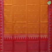 Tomato red silver zari silk thread fancy butta mustard yellow silver zari temple border soft silk saree