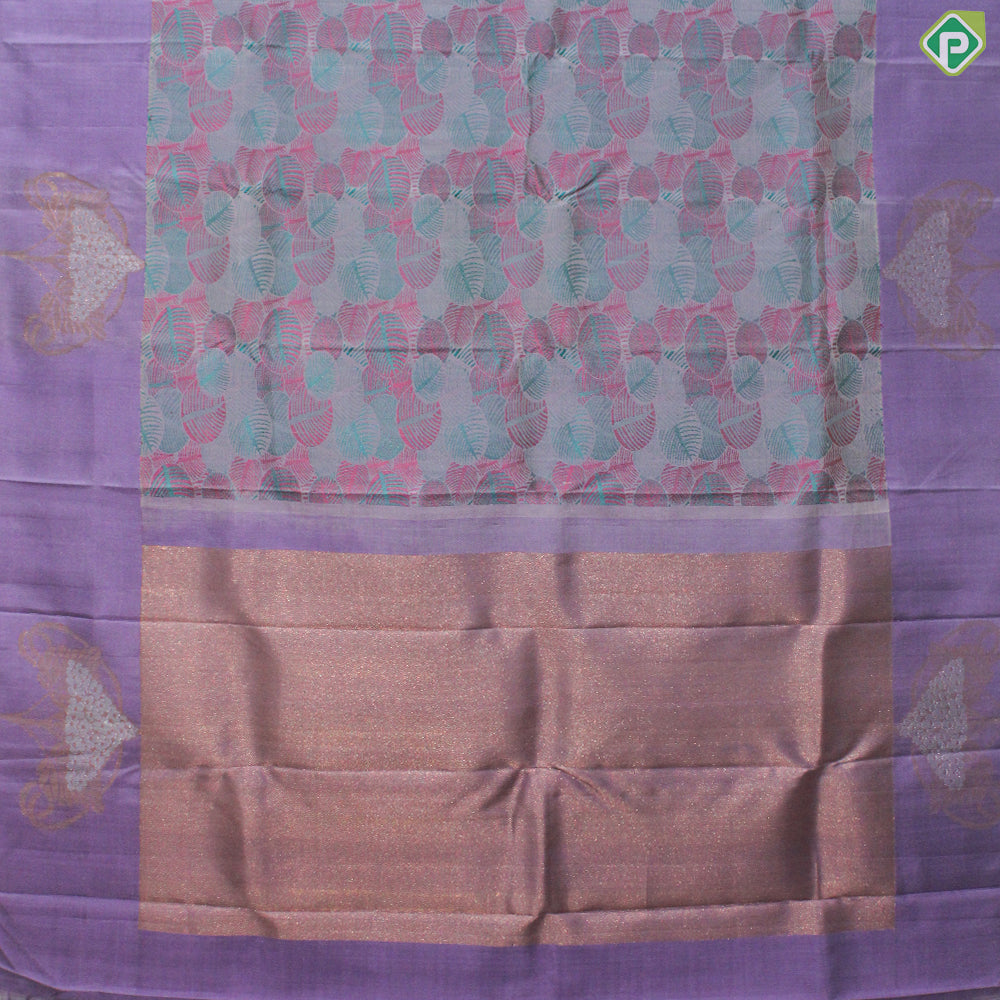 Gray Color Tree Design Gold And Silver Zari With Baby Pink Border Trendy Silk Saree