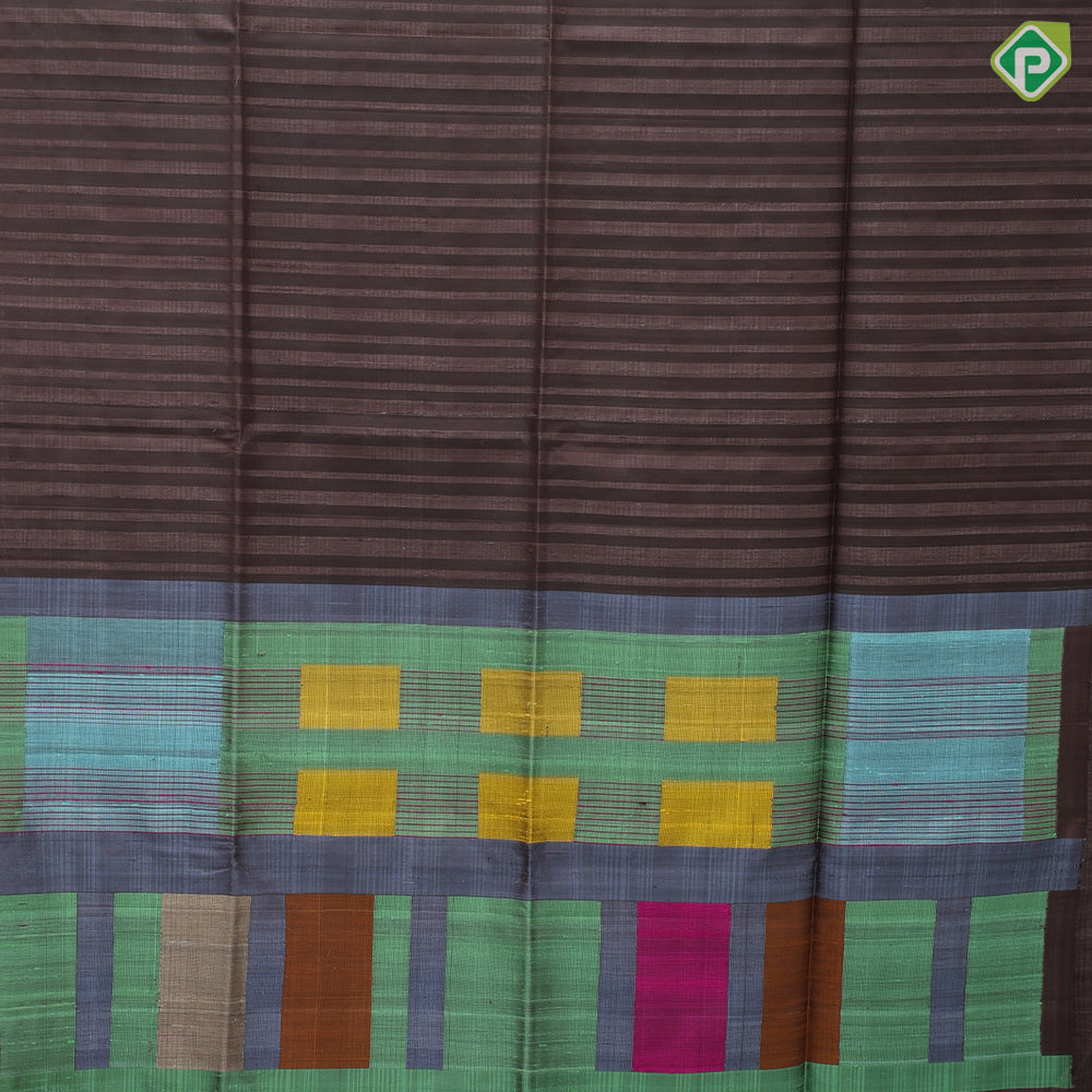 Chocolate brown self lines design borderless multi color pallu concept soft silk saree