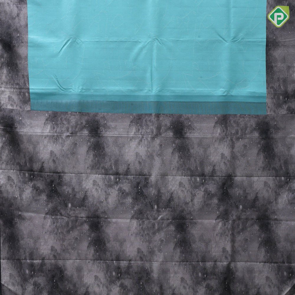 Sea foam green silver zari spider net and dots elephant grey wind design border signature trendy designer silk saree
