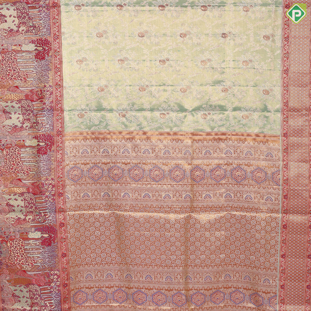 Pista green silver gold zari grand floral meena work design contrast pythonic border grand bridal silk saree