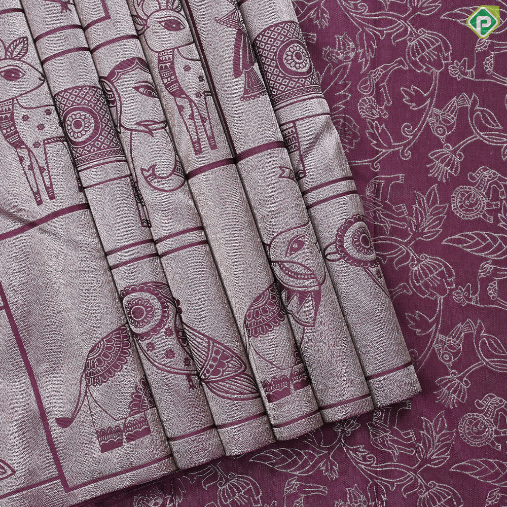 Wine color animals pattern weaved double wear shimmery borderless trendy designer silk saree