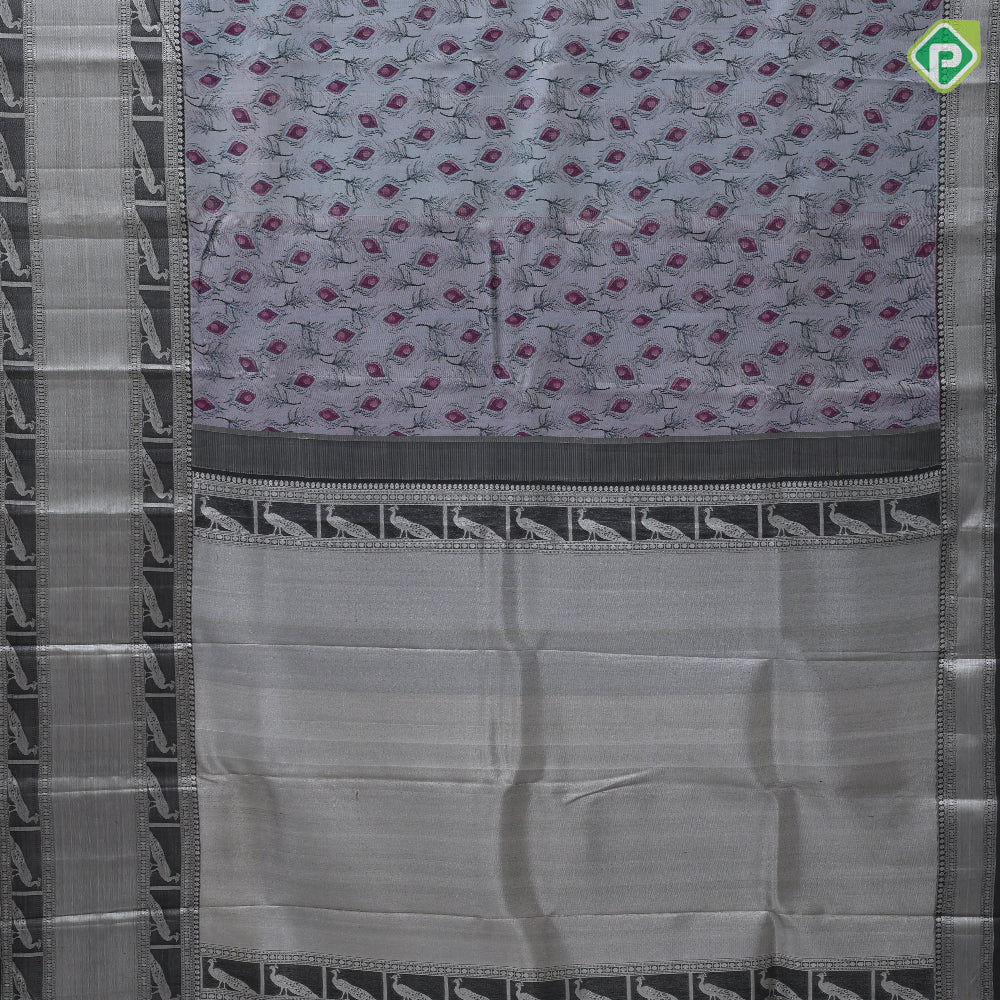 Gray Colour Thread Peacock Feather Design Black Colour Silver Zari Peacock Design Trending Fancy Silk Saree