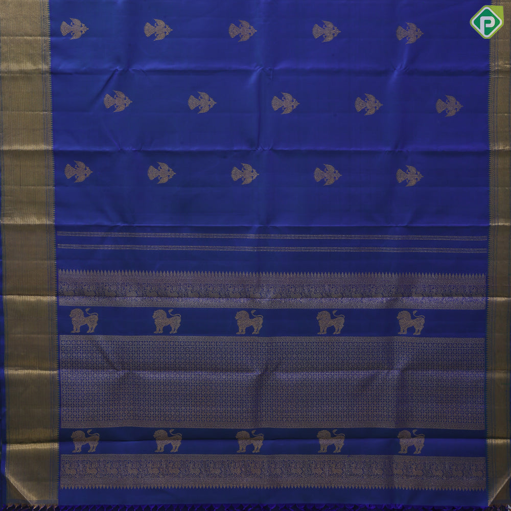 peacock blue gold zari gandapiranda butta self gold zari diamond design border traditional silk saree