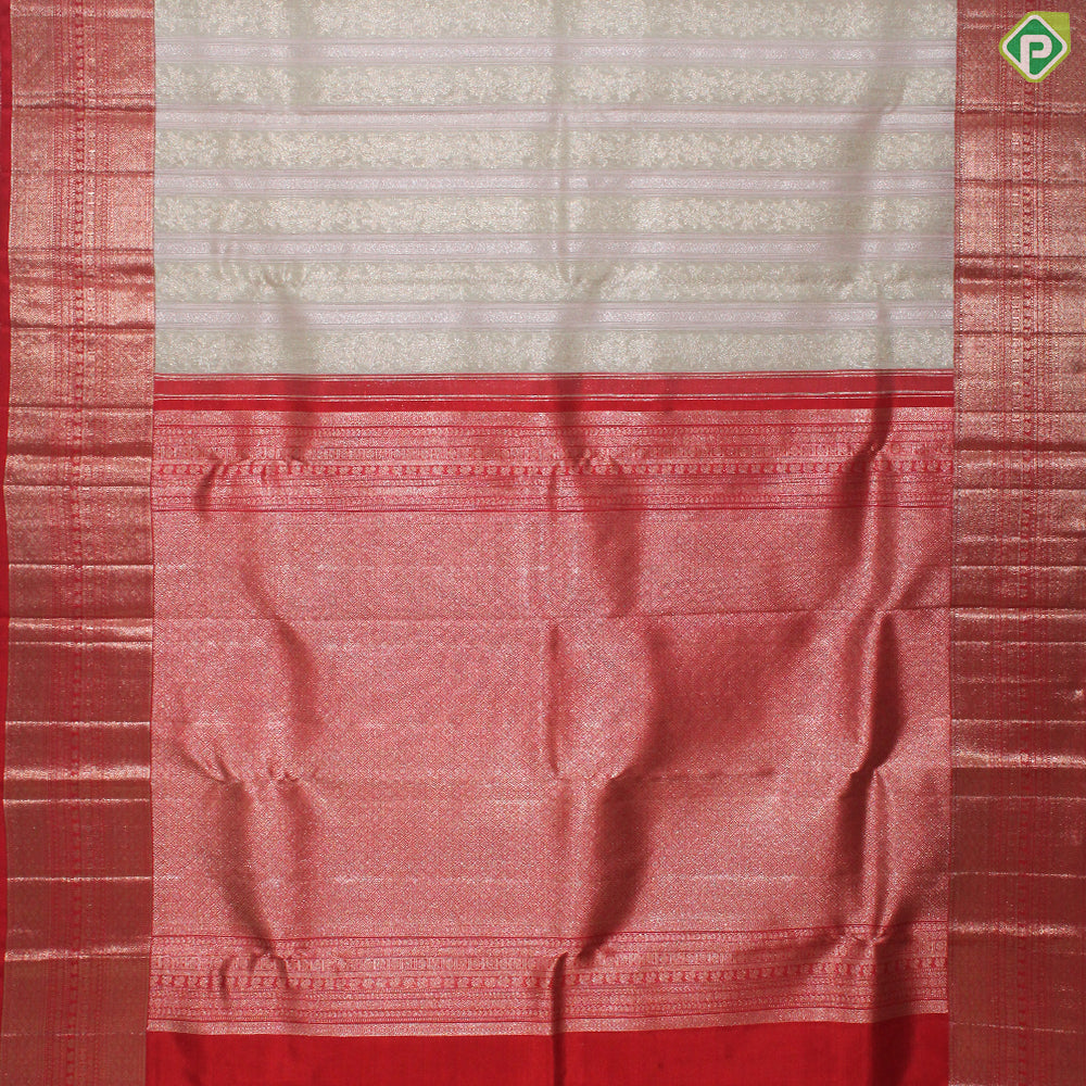 Cream With Baby Pink Lines Gold Zari And Red Colure Border Trendy Designer Silk Saree