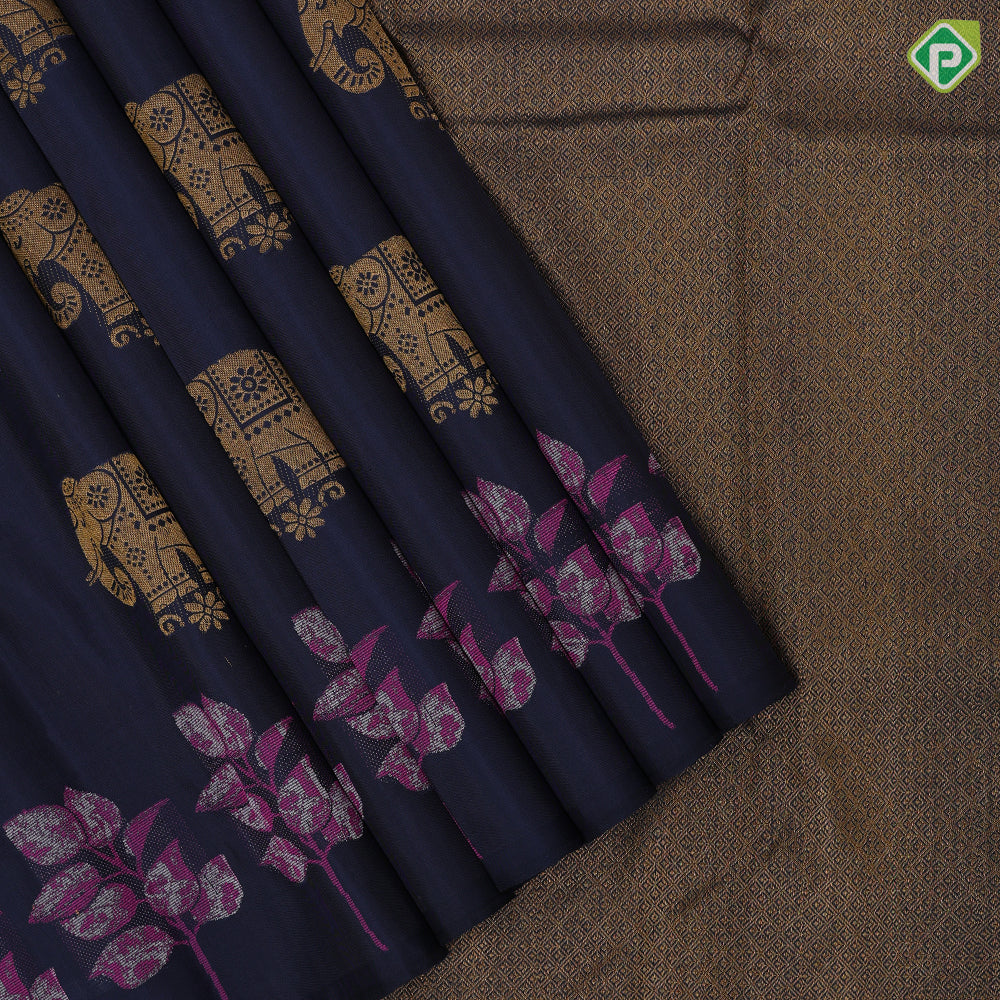 Prussian blue gold zari Elephant butta design self pink thread leaves design border fusion silk saree