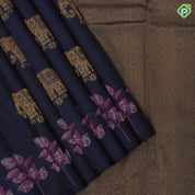 Prussian blue gold zari Elephant butta design self pink thread leaves design border fusion silk saree