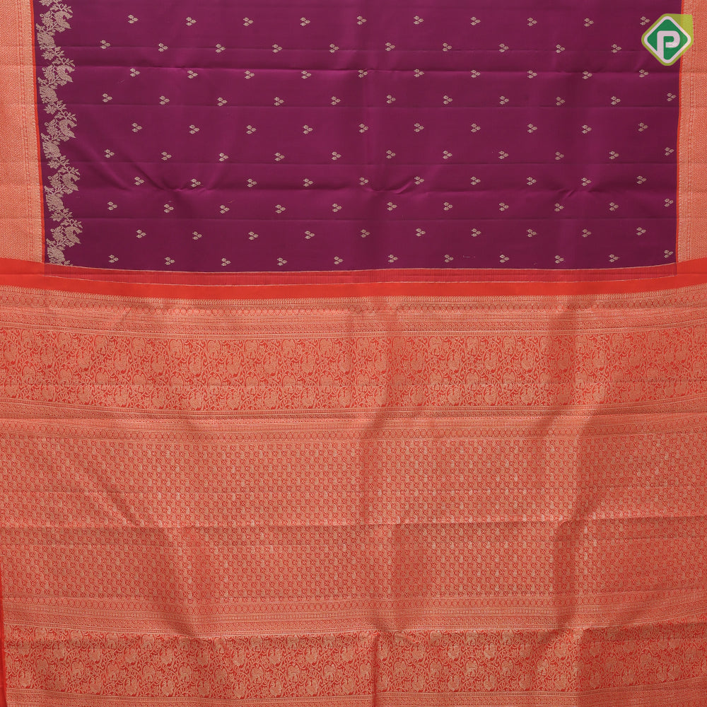 Dark purple silver gold zari tri star butta design contrast orange silver gold zari fancy design border trendy designer silk saree