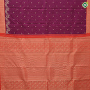 Dark purple silver gold zari tri star butta design contrast orange silver gold zari fancy design border trendy designer silk saree