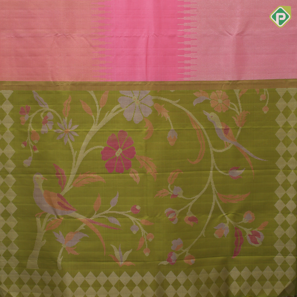 Baby pink gold silver zari tissue pythonic pallu temple border sun and the moon inspired silk saree