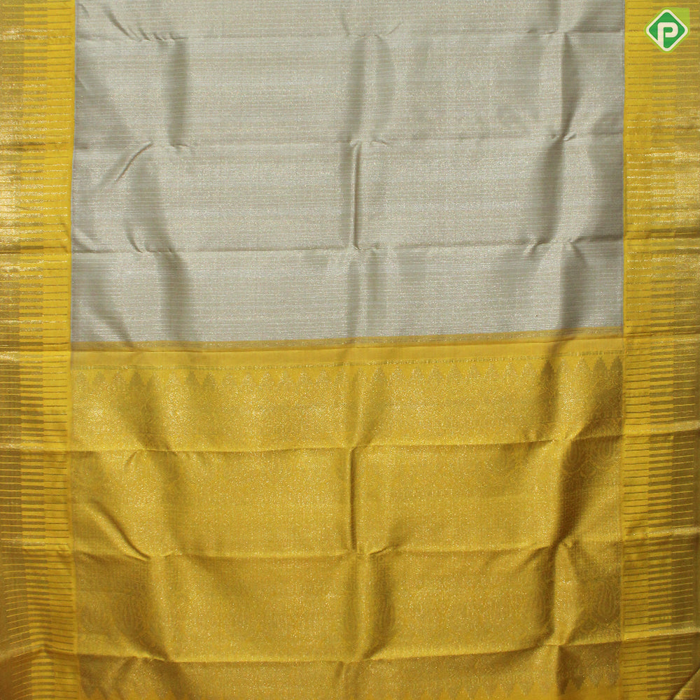 Gray Silver And Gold Zari Tissue With Yellow Temple Design Border Traditional silk saree