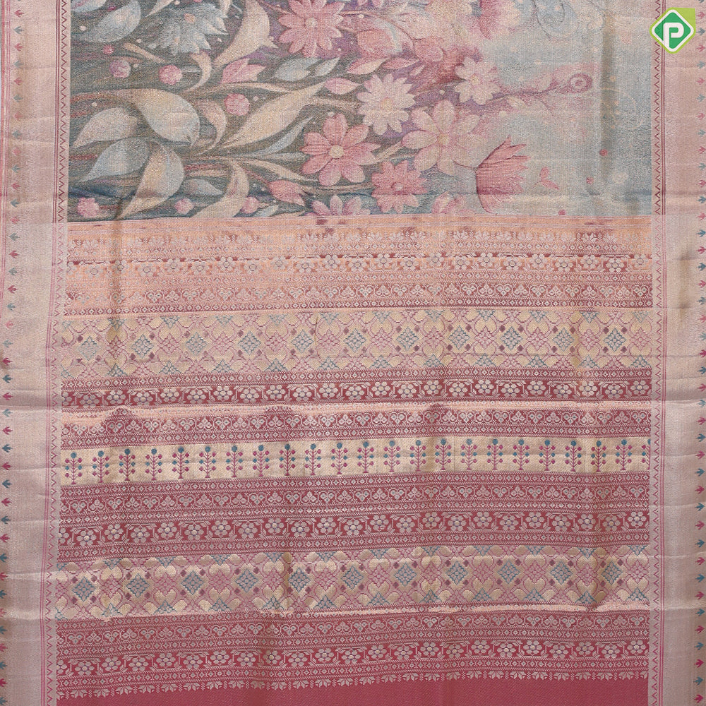 Multi colour silver zari by zari big flowers weaved design peach pink plain border bridal tissue silk saree