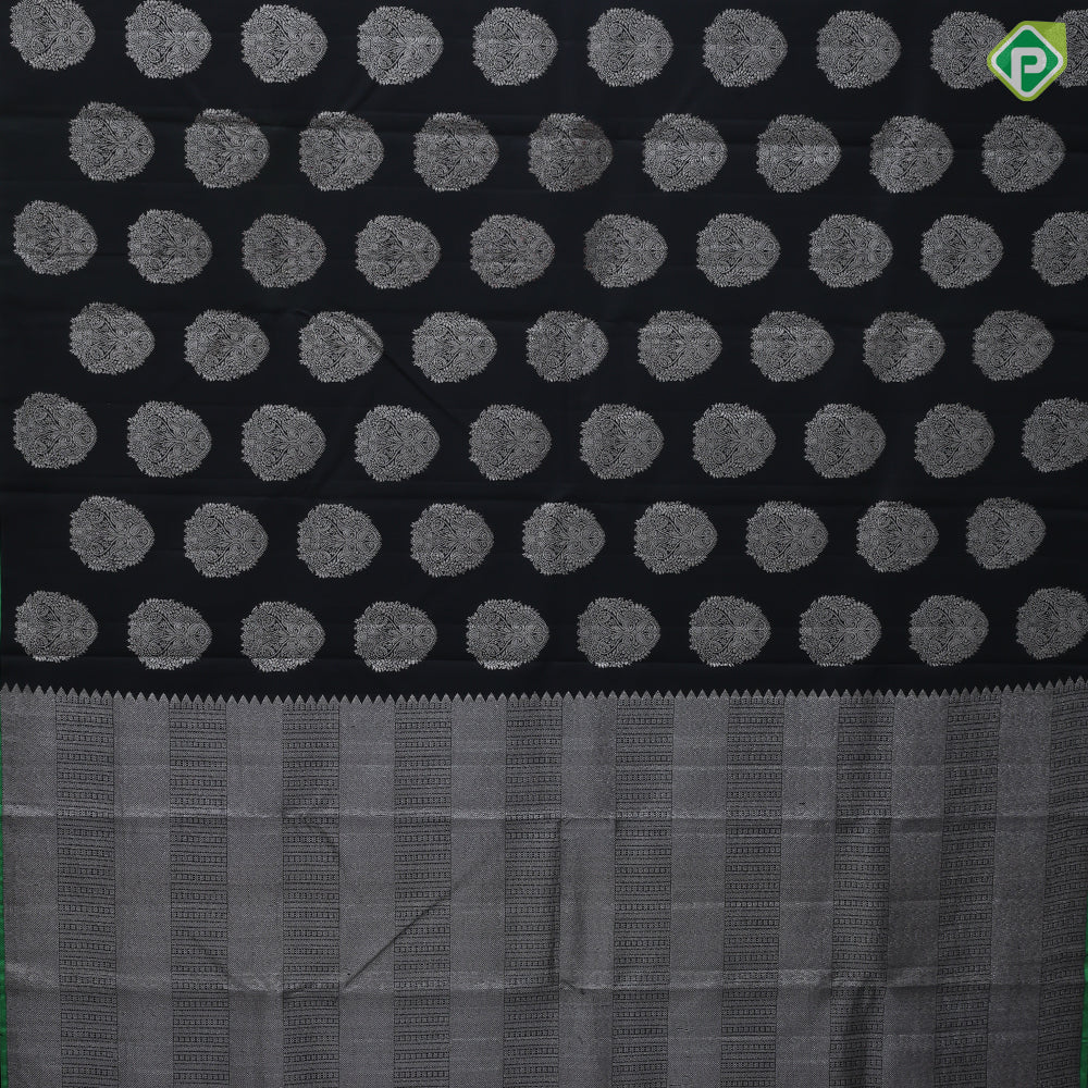 Black colour Silver Zari Thigam Butta Design Border Less Ledge Green Colour Luxury Black Silk Saree