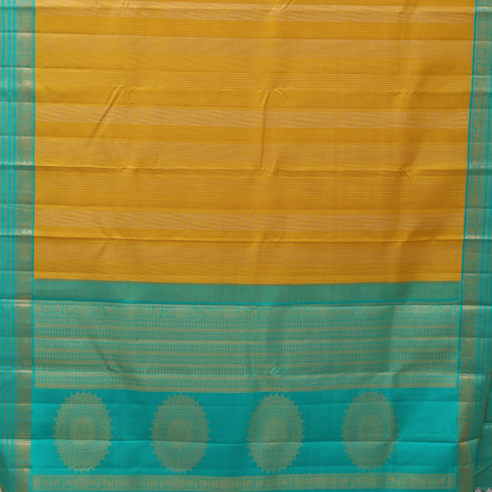 Golden mustard silver gold zari lines sapphire green gold zari lines and butta border vintage silk saree