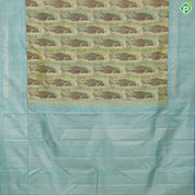 parrot green horse garden painting inspired tissue contrast sea blue silver gold zari diamond border trendy silk saree