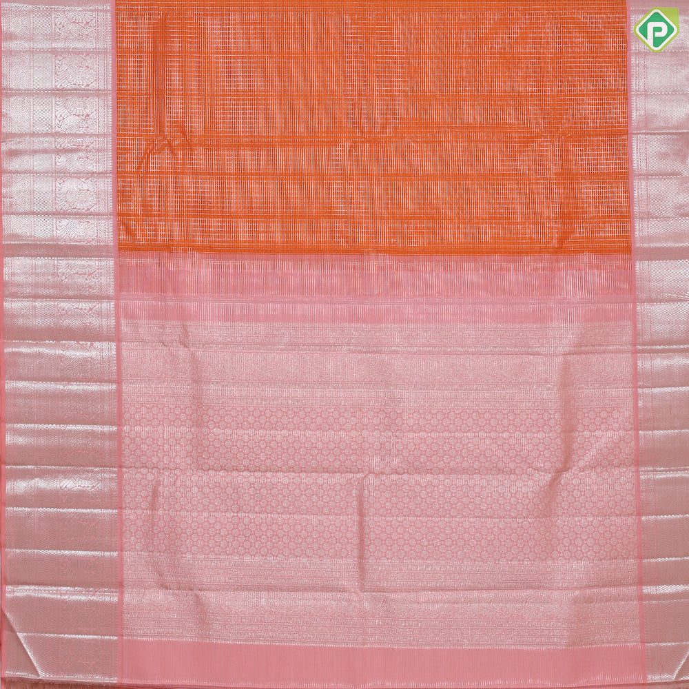 Fanta orange Silver Zari kattam (Checkered) design peach border traditional silk saree