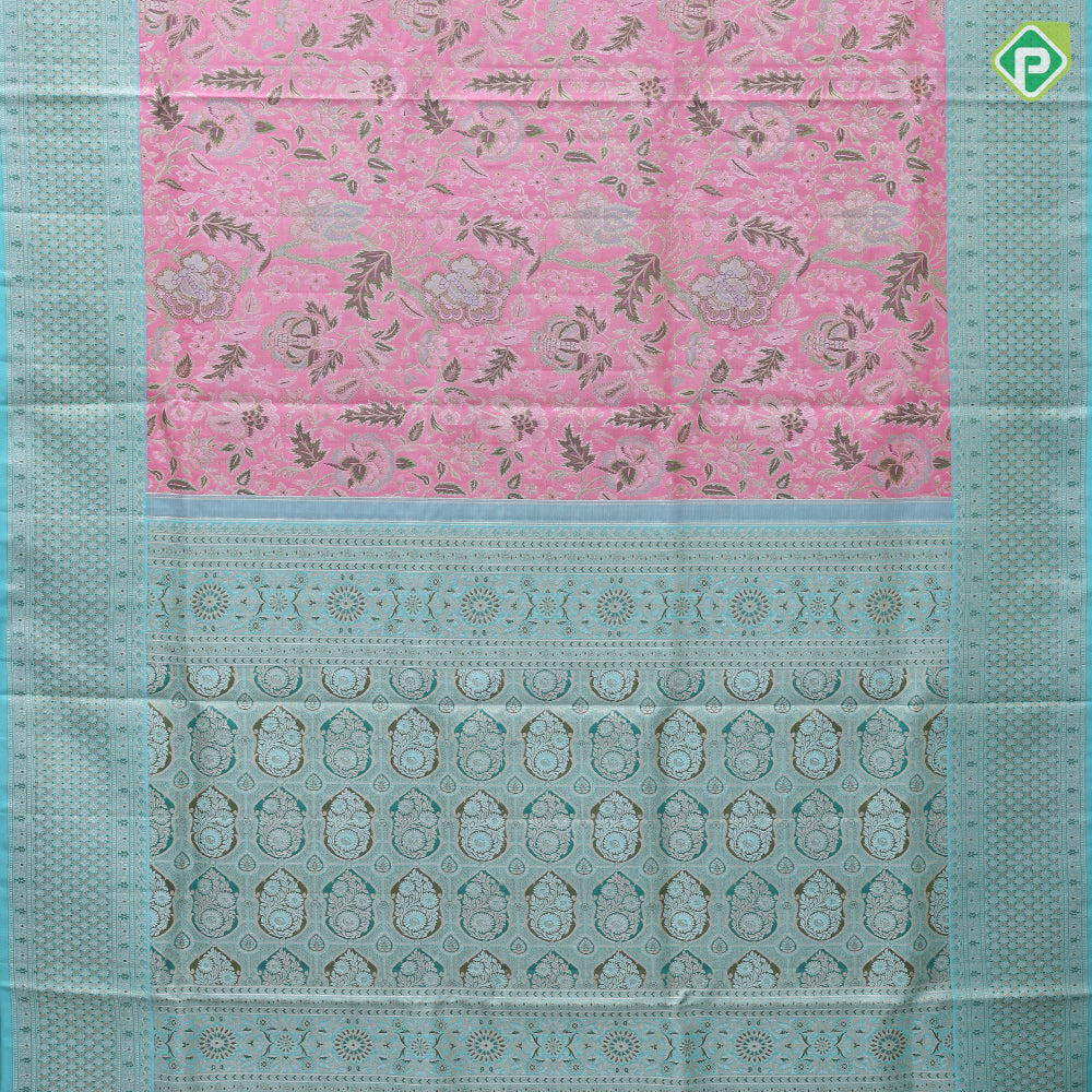 Flamingo pink multi color zari grand floral meena work rexona green rich border Exclusive grand bridal silk saree