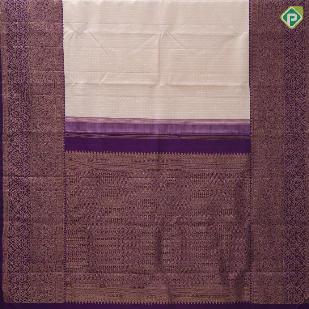 creamy peach silver zari beads stripes violet gold zari mango and floral border traditional silk saree