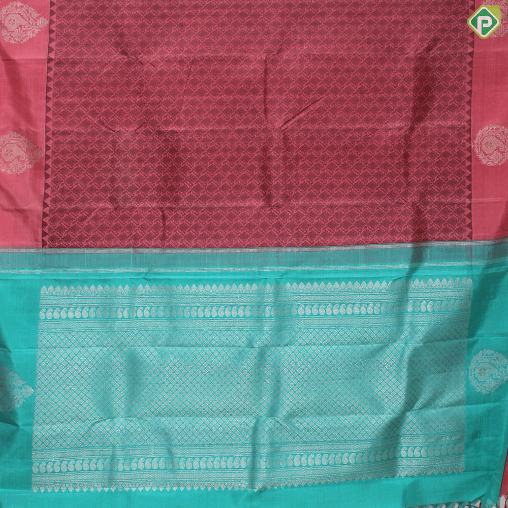 Peach Pink Thread Work Design With Mango And Thilagam Silver Border Trendy Silk Saree