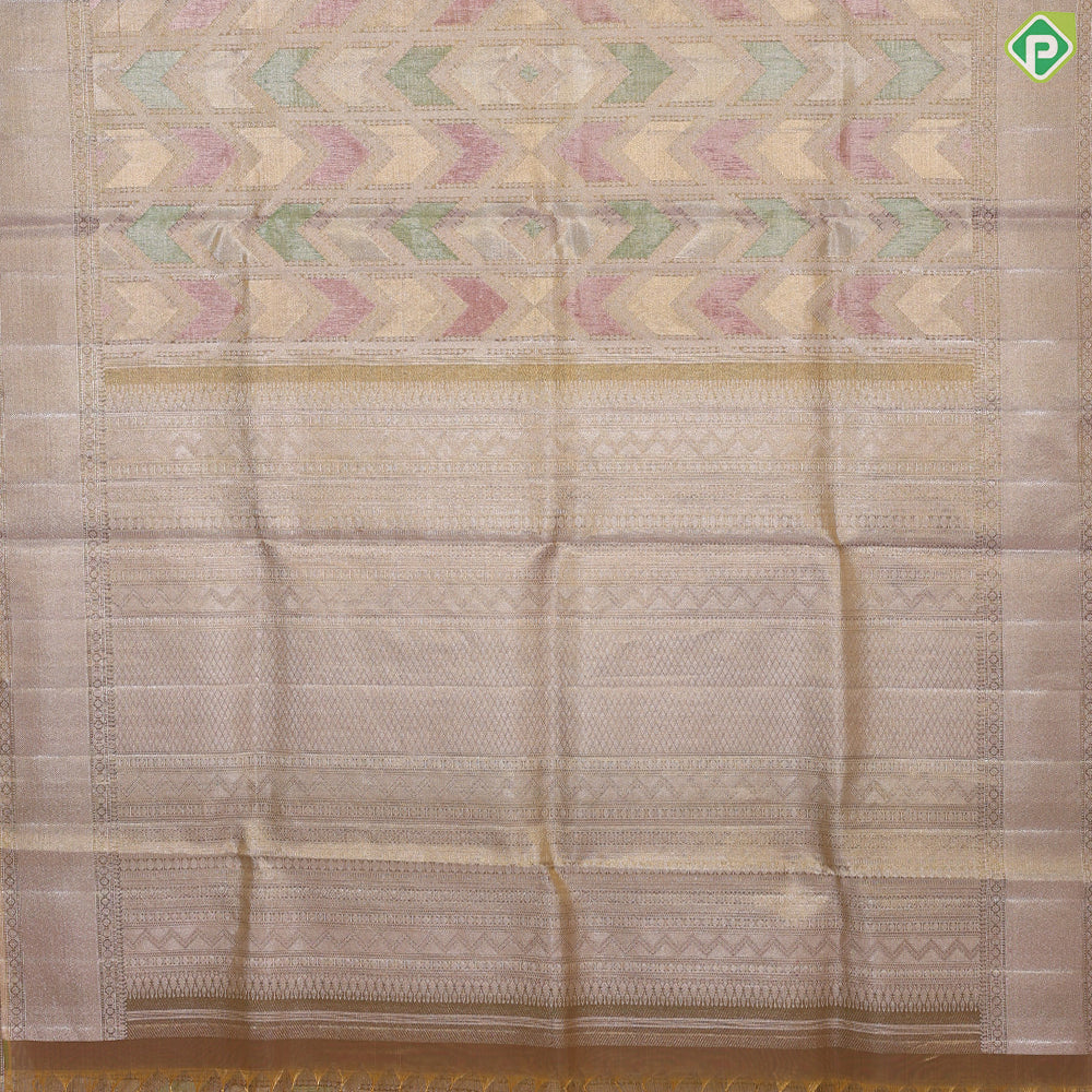 Mustard gold multi color zig zag running arrow design self border zari by zari tissue grand bridal silk saree